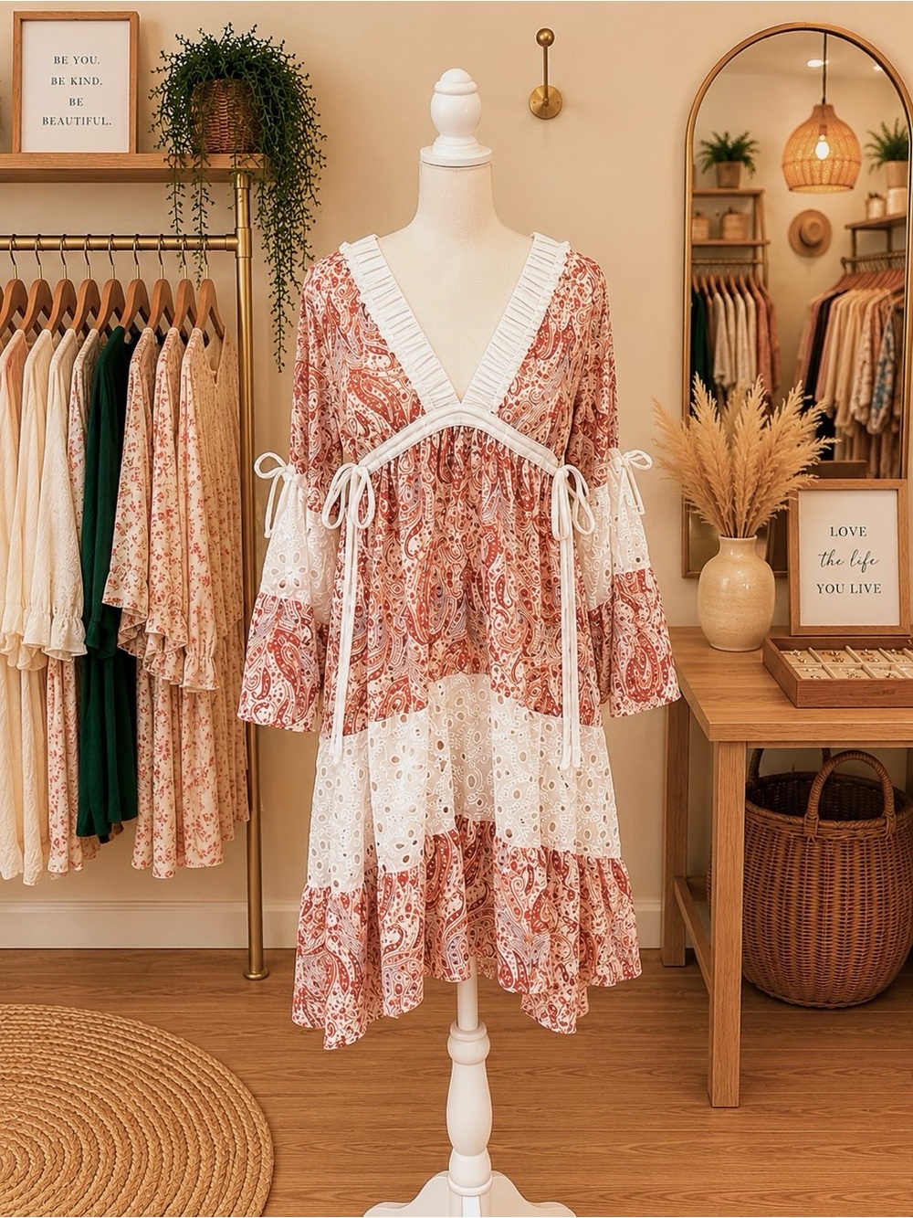 POL Paisley Eyelet Boho Dress M/L Brown White Bell Sleeve Adjustable Tie